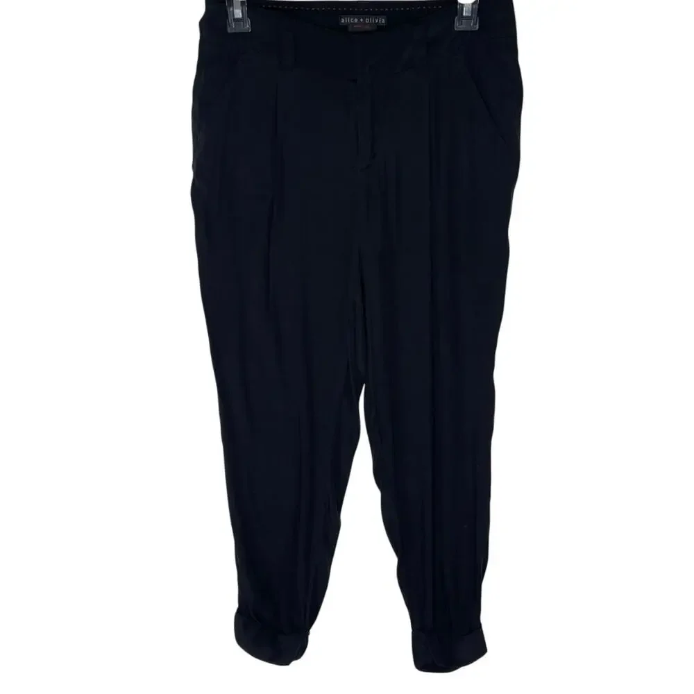ALICE + OLIVIA Employed Women’s Black Silk Pleated Slim Cuffed Trouser